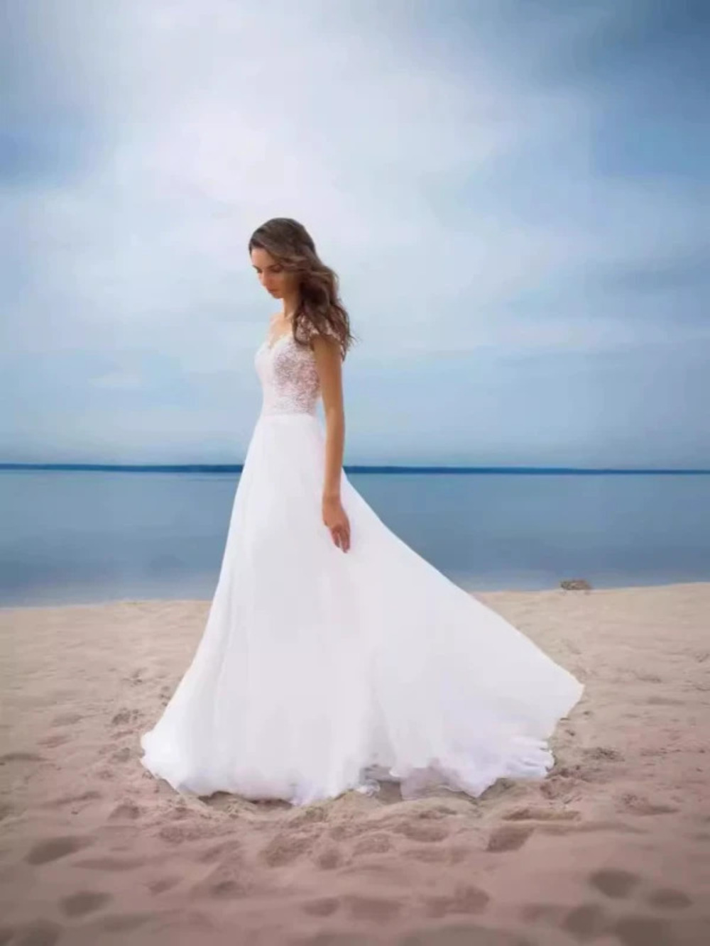 ZARA White Lace Chiffon Prom Evening Dress Slit Flared Gown